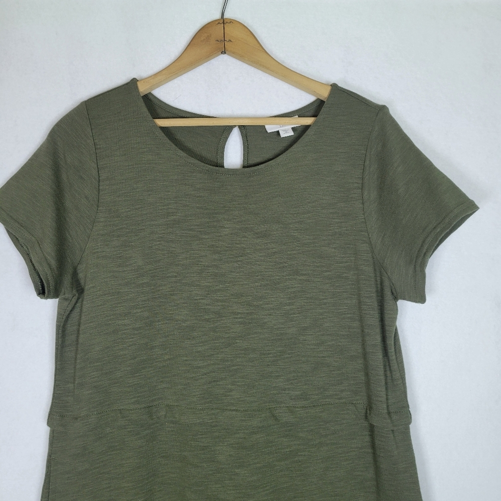 J. Jill Olive Green Slub Knit Short Sleeve Fringe Trim Dress Size Medium Petite - Picture 3 of 8